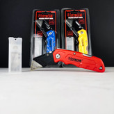 تیزبر و کاتر تاشو با تیغه 5 عدد جنس: دسته ABS، سر آلیاژ روی تیغه تعویض سریع رنگ:زرد،قرمز،آبی