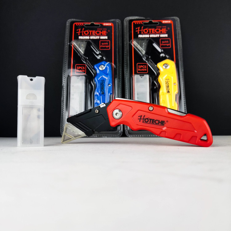 تیزبر و کاتر تاشو با تیغه 5 عدد جنس: دسته ABS، سر آلیاژ روی تیغه تعویض سریع رنگ:زرد،قرمز،آبی