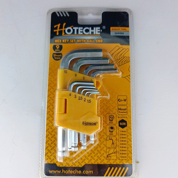 مجموعه 9عددی آچار آلن6گوش با انتهای توپی روکش دار حرفه ای از سایز 1.5 تا10 میلی متر-برند اصلی Hoteche هوتچ (260408)