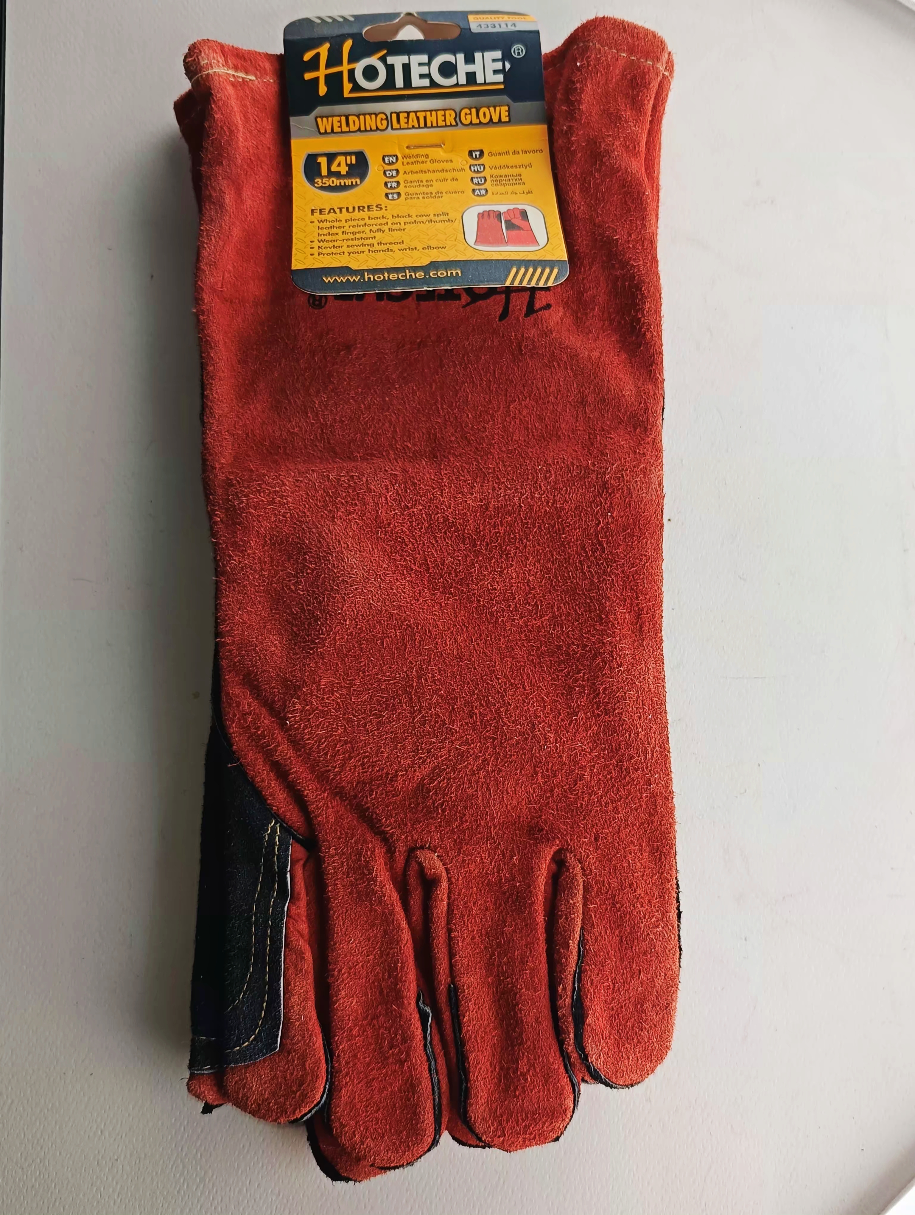 دستکش ساعد بلند جوشکاری از چرم گاوی ضخیم کف دست و شست تقویت شده داخل پارچه ای دوخت با نخ کولار برند اصلی هوتچ کد محصول (433114)