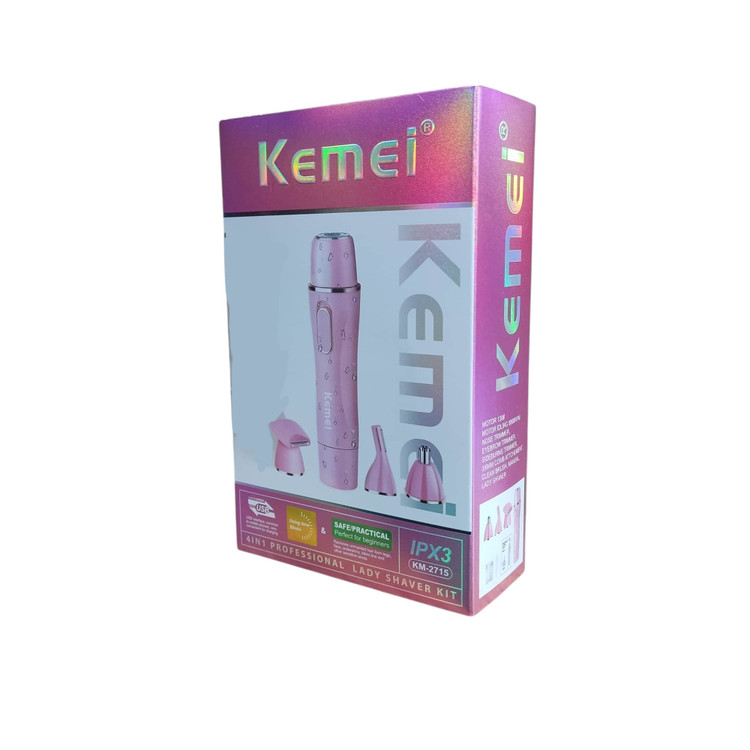 ست اصلاح ۴ کاره بانوان Kemei KM-2715 شیور صورت ابرو بینی و خط زن با شارژ USB Kemei KM-2715 Women's 4-in-1 Shaving Set, Eyebrow, Nose and Line Shaver with USB Charging