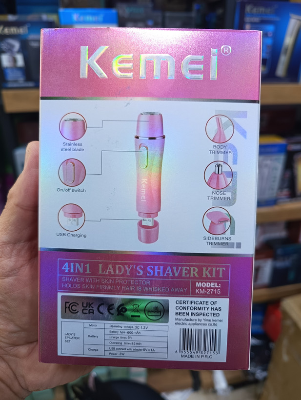 ست اصلاح ۴ کاره بانوان Kemei KM-2715 شیور صورت ابرو بینی و خط زن با شارژ USB Kemei KM-2715 Women's 4-in-1 Shaving Set, Eyebrow, Nose and Line Shaver with USB Charging